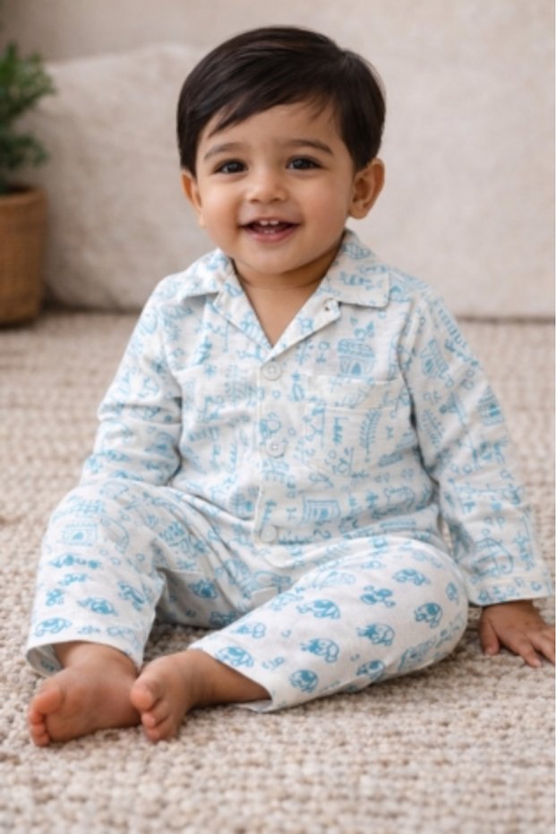 Light Blue Tribal Print Muslin Khadi Cotton Kids Night Suit – upto 12 Month’s