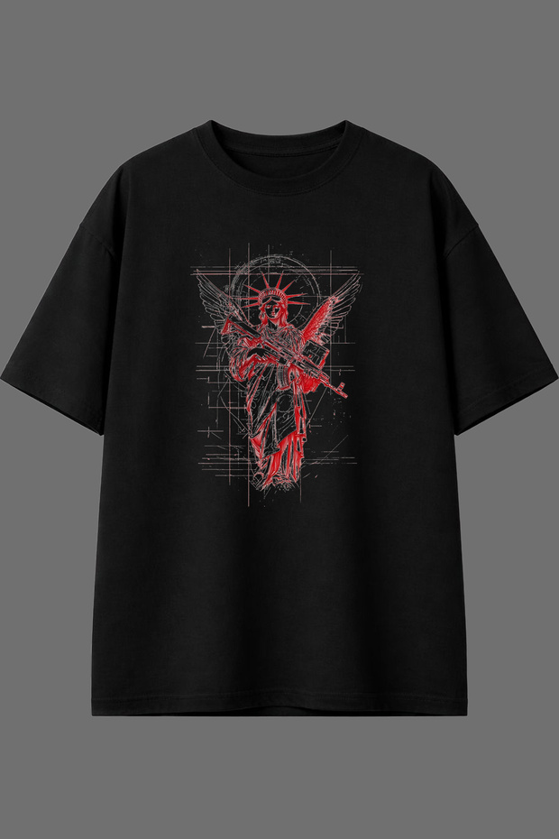 Red Freedom Design Front Printed Black Oversize T-Shirt