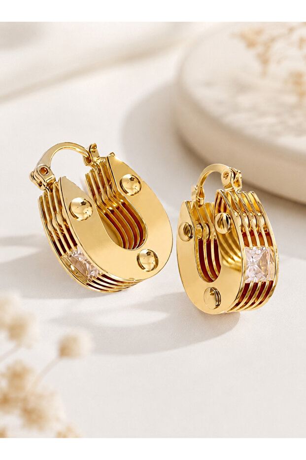 Gold Color Stone Steel Hoop Earrings