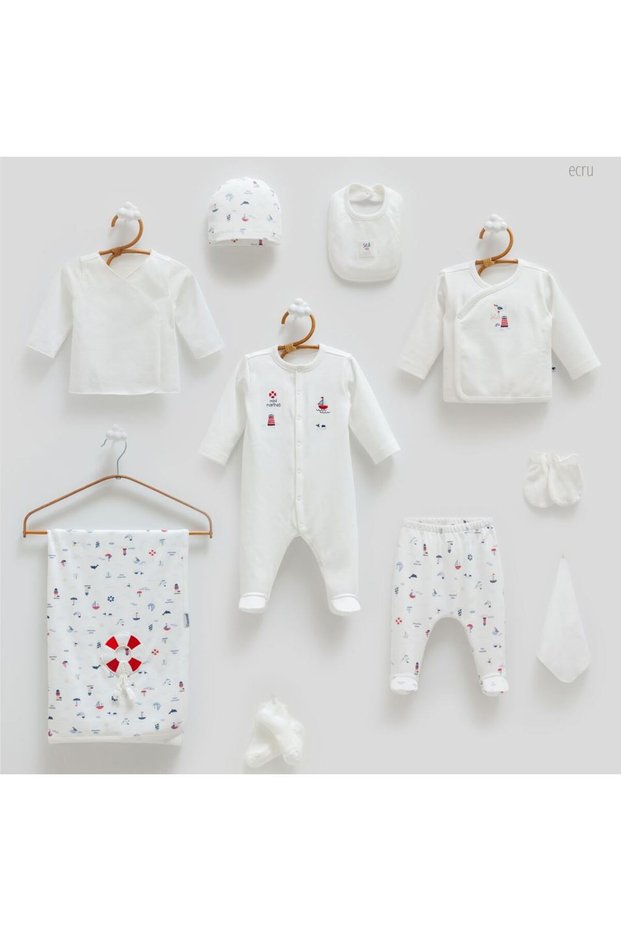 İncibaby Caramell 100% Organic Cotton Soft Textured Marine Detailed 10 Piece Baby Boy Hospital Discharge Set