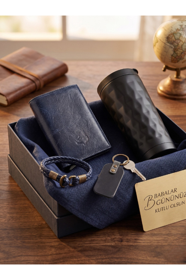 Smart Mechanism Magnetic Genuine Leather Handcrafted Wallet Wristlet Keychain and Thermos Mug Set Father's Day Gift