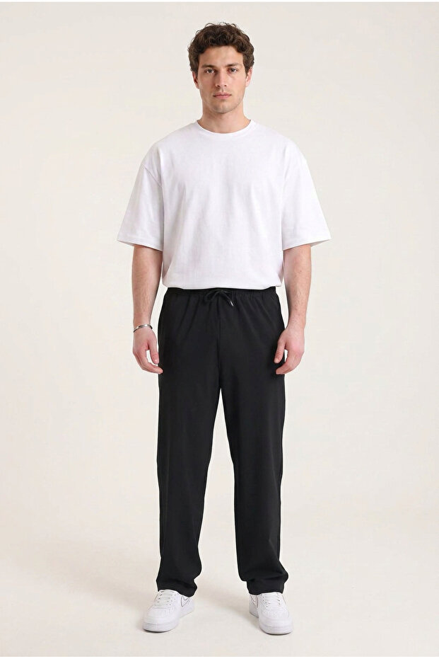 Men's Black Loose Fit Parachute Double Pocket Trousers