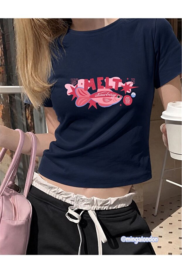 Melt Printed; New Trend Belt Length Crop in Navy Blue Woven Fabric