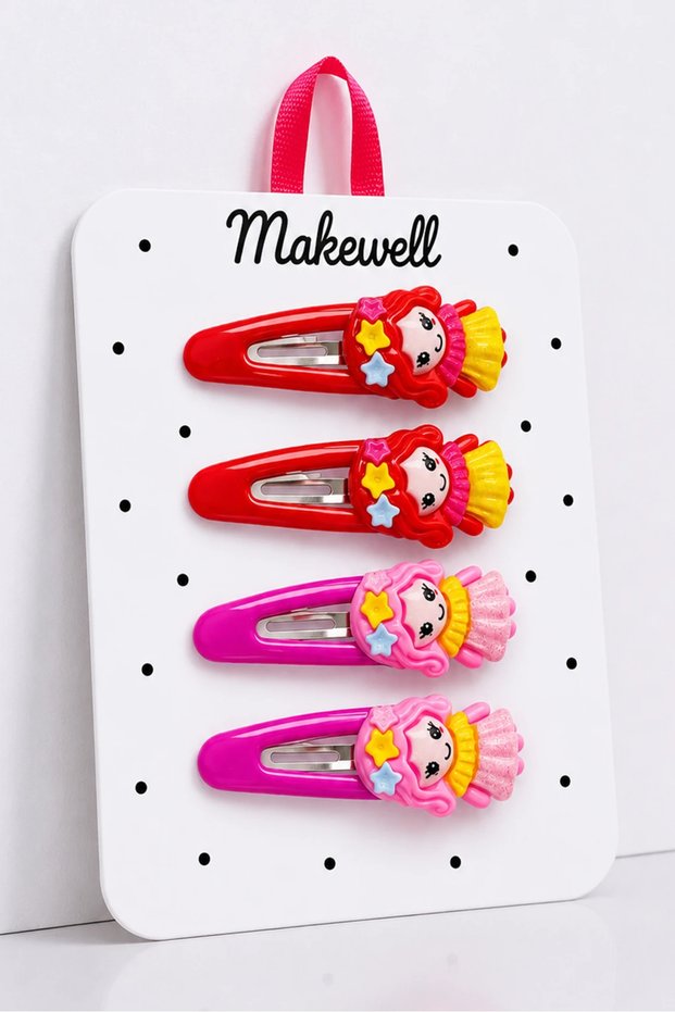 Set of 4 Flower and Cherry Figured Hair Clips for Girls – Rubber Hair Clips & Snap Clips Colorful Set