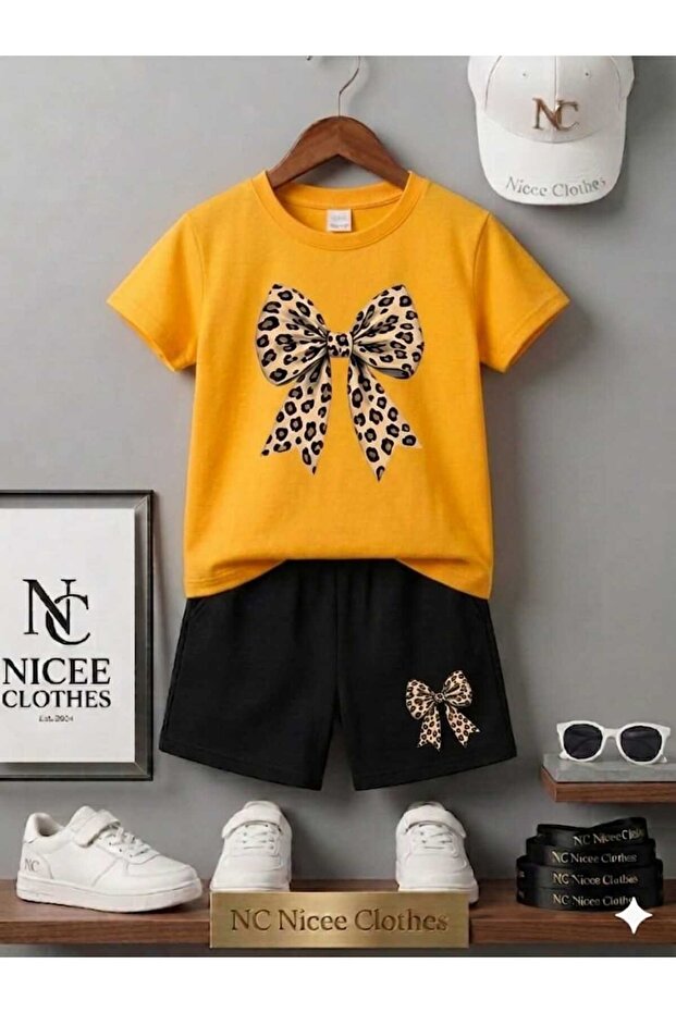 Summer Children's T-Shirt Shorts Unisex (Leopard Ribbon)