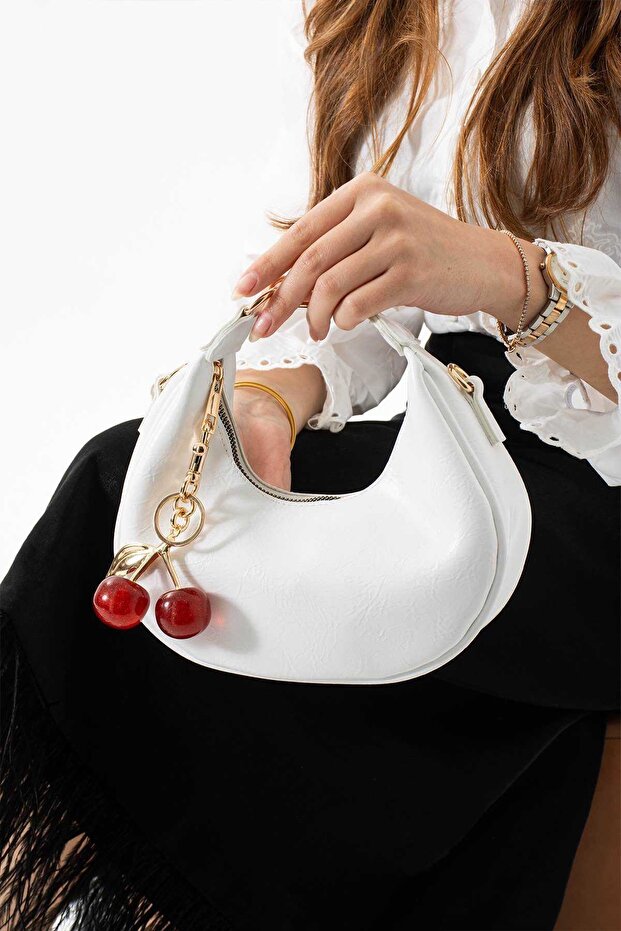 Women's Crescent Model Adjustable Hand and Shoulder Bag with Cherry Accessories (Length 12 cm Width 22 cm)