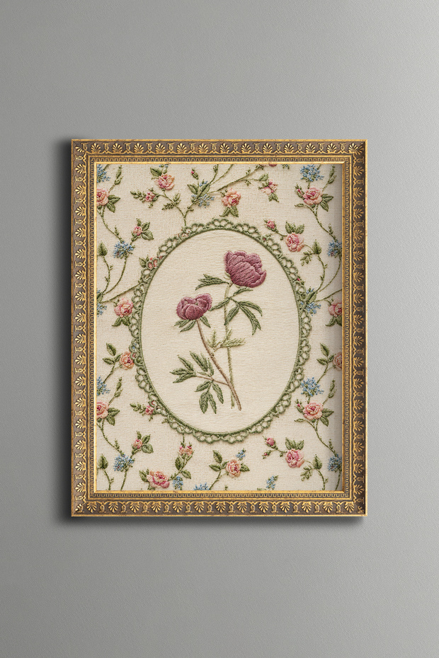 Embroidery-Look Peony Composition - Vintage Patterned Frame - Slim Model