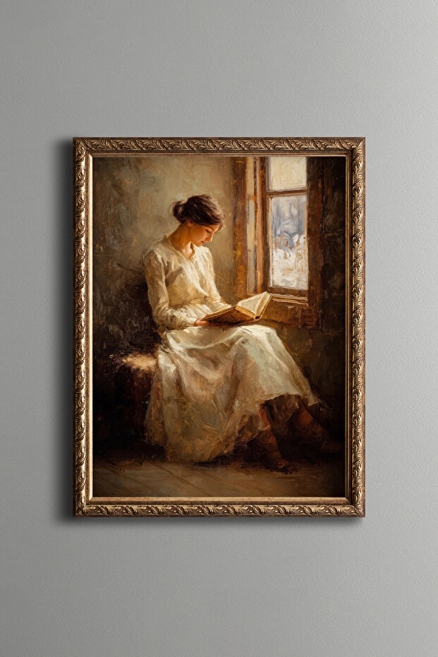 امرأة تقرأ كتابًا على النافذة - إطار بنمط عتيق - موديل نحيف