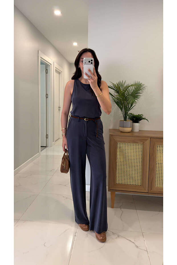 Janly Navy Blue Belted Blouse and Trousers Set