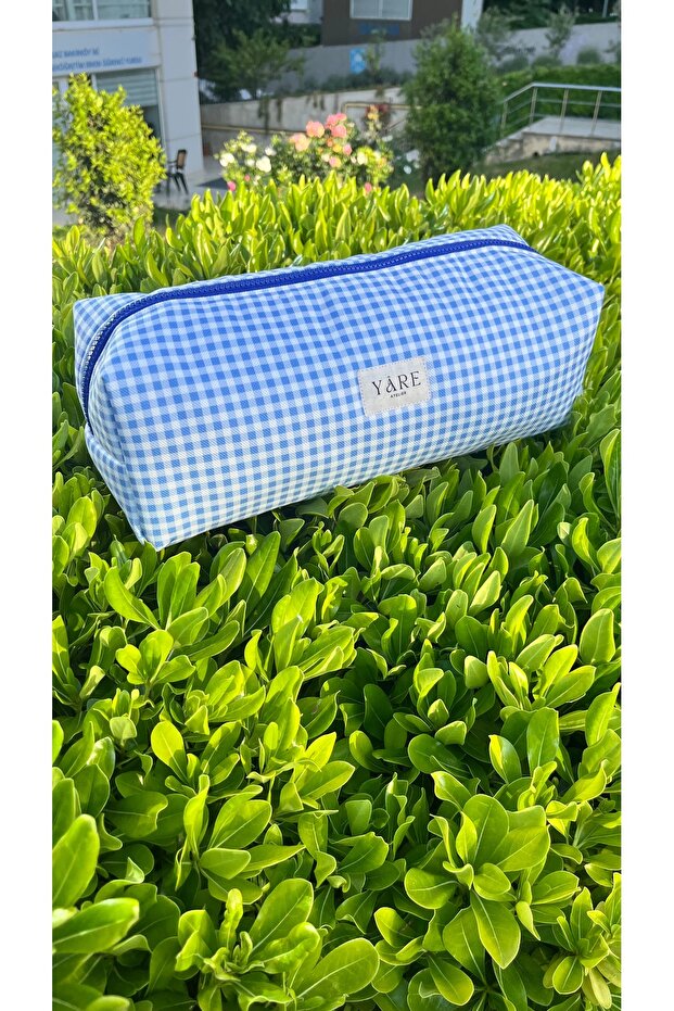 Blue Gingham Patterned Airwrap Hair Straightener Carrying Case, Large Size Makeup Bag