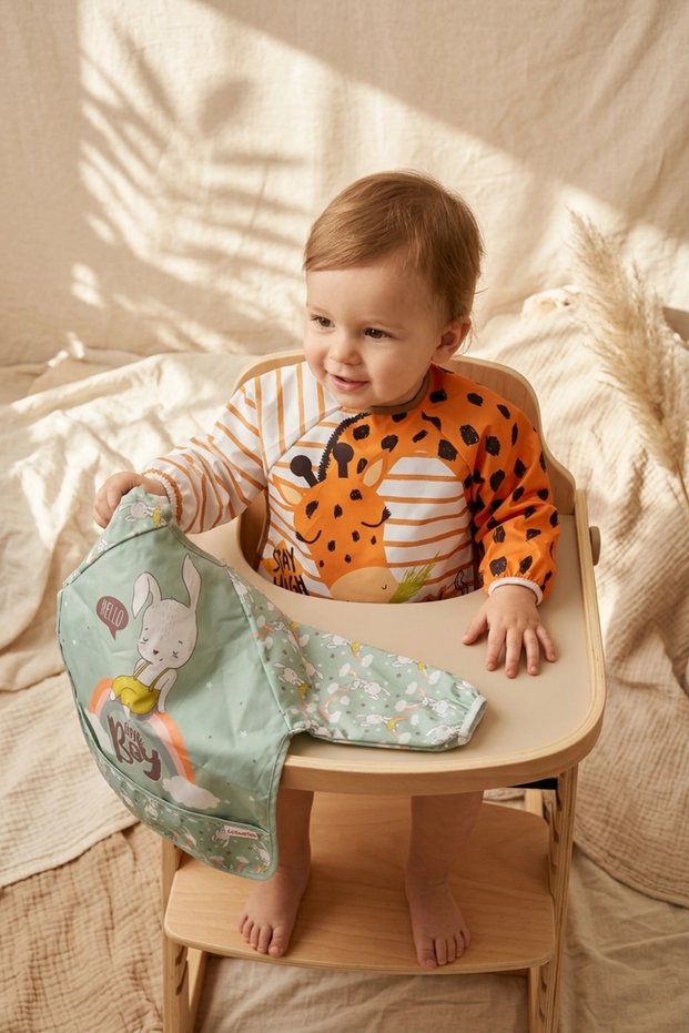 Children's Long Sleeve Liquid-Proof Stain-Resistant Food and Activity Bib 6-24 Months - Set of 2 Giraffe & Rabbit