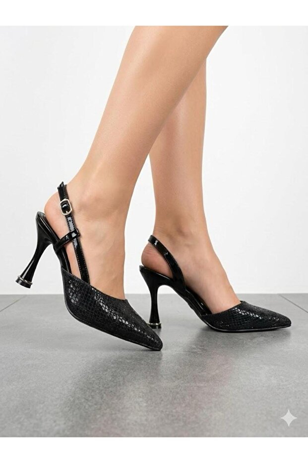 Women's Black Glittery Thin Heeled Open Back Evening Dress Shoes