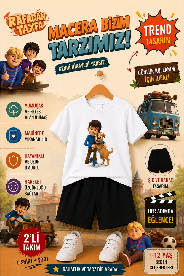 Rafadan Tayfa Printed Children's Set – T-Shirt & Shorts 2-Piece Combination | Trendy Summer Set for Ages 1-12
