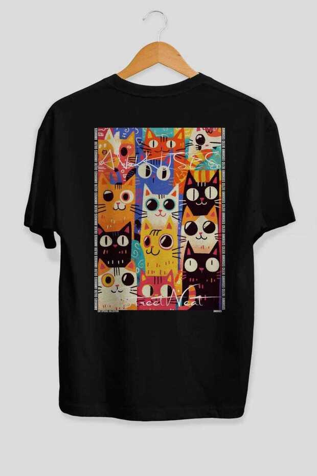 42 Cats for the Sake of Cat Love Printed Black Oversize T-Shirt 100% Cotton Unisex Cat Lover Premium Design