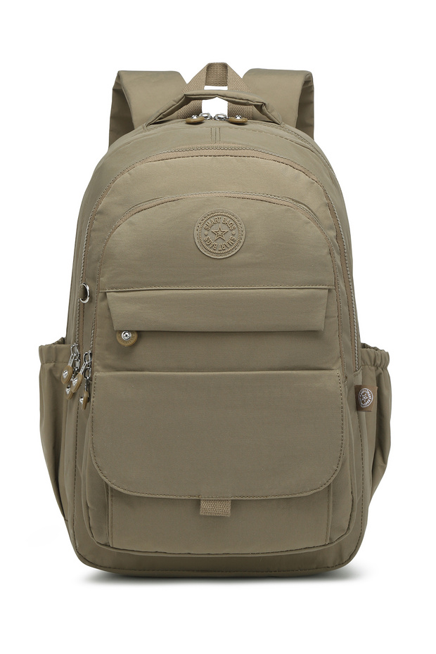 Large Size Multi-Pocket Waterproof Crinkle Fabric High School School Bag with Laptop Compartment Light Brown