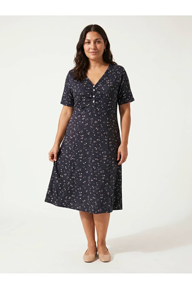 Women's Plus Size Midi Dress Daisy Print V-Neck Short Sleeve Buttoned