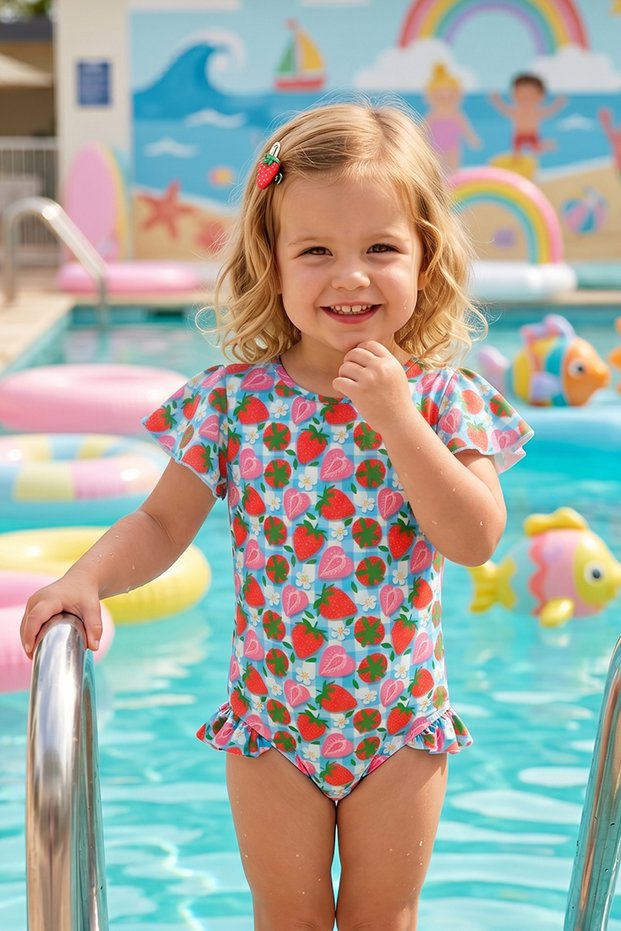 Uv Protection Short Sleeve Jumpsuit Baby Girl Swimsuit Strawberry Pattern 5109 Pink