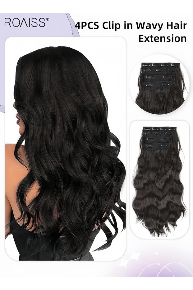 4Pcs Clip in Wavy Hair Extensions, Invisible Adjustable Long Synthetic Heat Resistant Hairpieces for Women Girls(50cm,Brown Black)