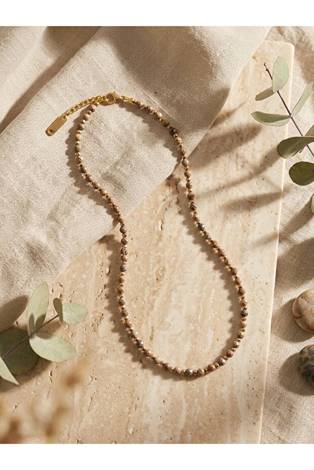 Odun Jasper Natural Stone Gold Color Steel Combination Necklace
