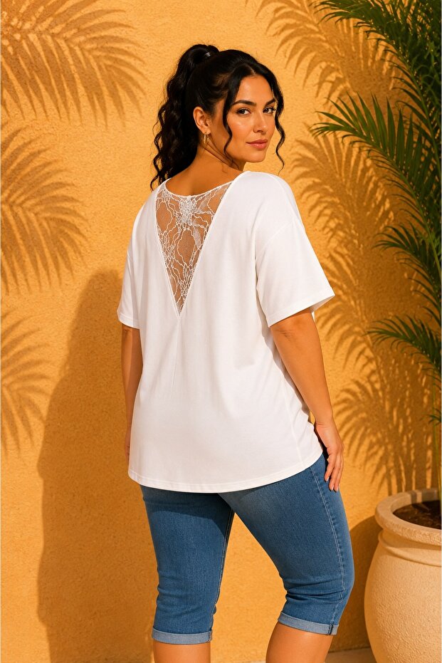 Women's Plus Size Back V Lace Low-Cut Front Plain Short Sleeve Comfortable Fit Stretchy Blouse