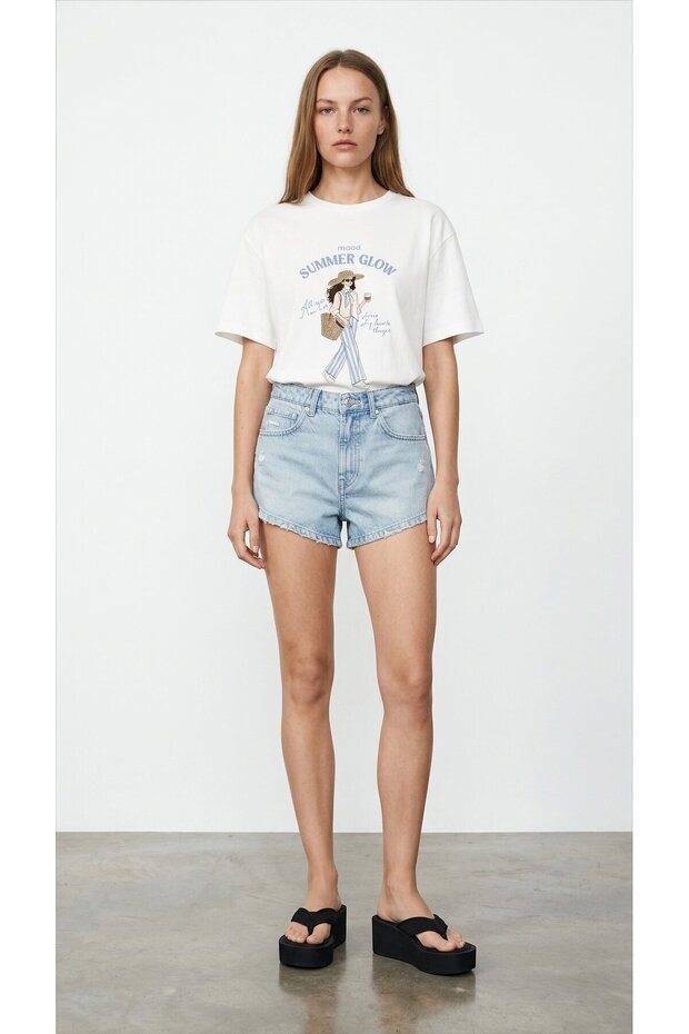Printed Embroidery Detailed T-Shirt Ecru