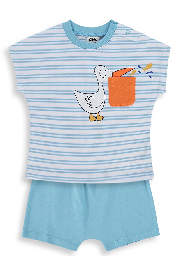 Striped Stork Printed 6-18 Month Set - Blue