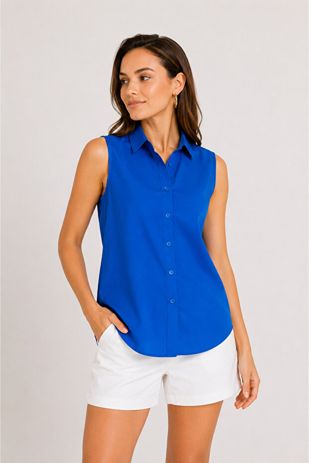 Women's Cobalt Blue Zero Sleeve Buttoned Shirt Blouse Summer Stylish Design