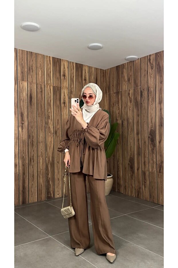 Women's Front-Lace Kimono Pants Set - Brown