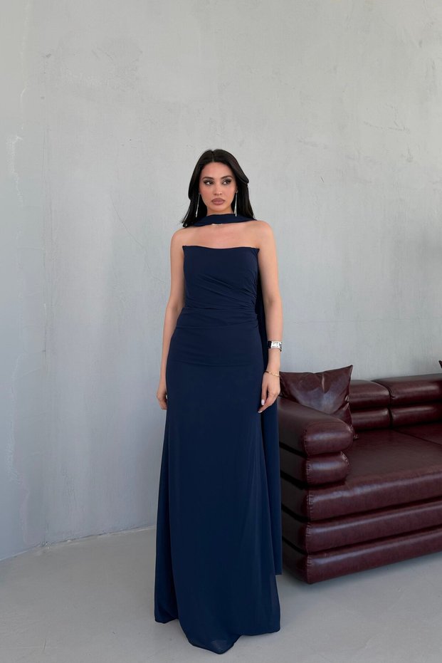 Navy Blue Strapless Draped Evening Dress with Shawl Detail