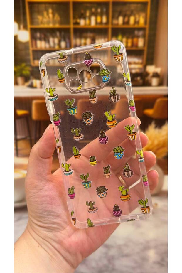Poco X3 Compatible Cactus Patterned Transparent Shock-Absorbing Clear Case with Camera Protection
