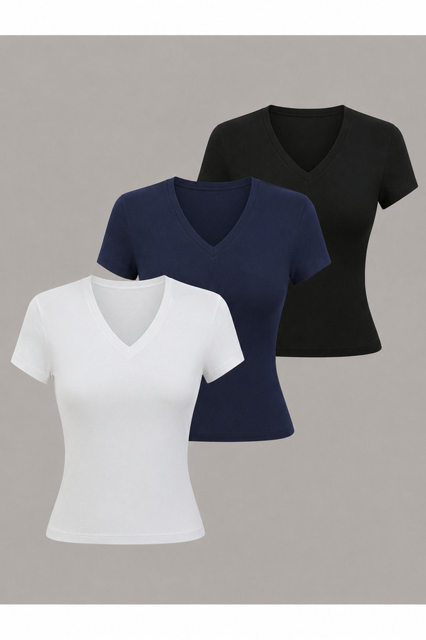 Women's Basic V-Neck Slim Fit T-Shirt Triple Set