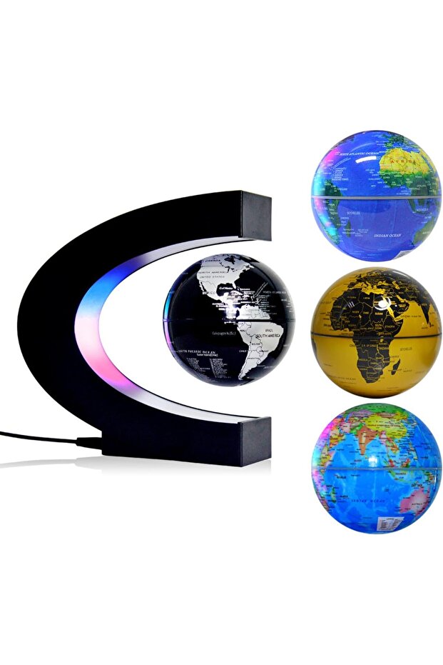 Magnetic Levitation Floating Globe 3 Inch – Anti Gravity Rotating World Map with LED Light, C Shape Base Desk