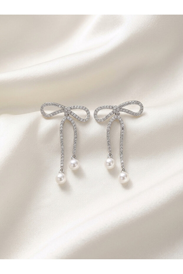 Women's Steel Zircon Stone Bow Earrings Silver