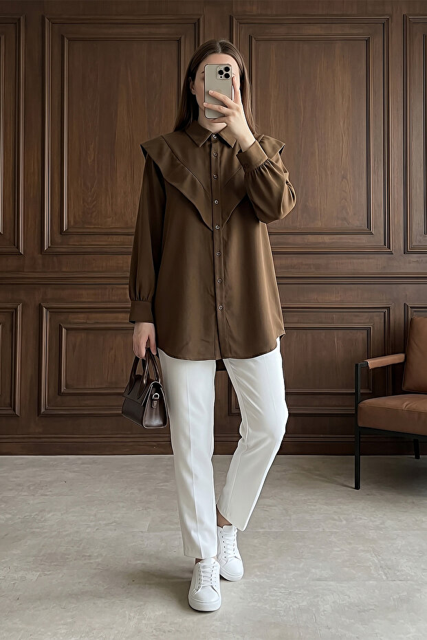 V Model Piece Detail Crepe Shirt - Brown