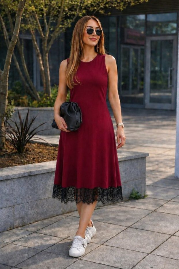 New Season Women's Strappy Round Neck Skirt with Lace Hem Midi Comfortable Summer Dress