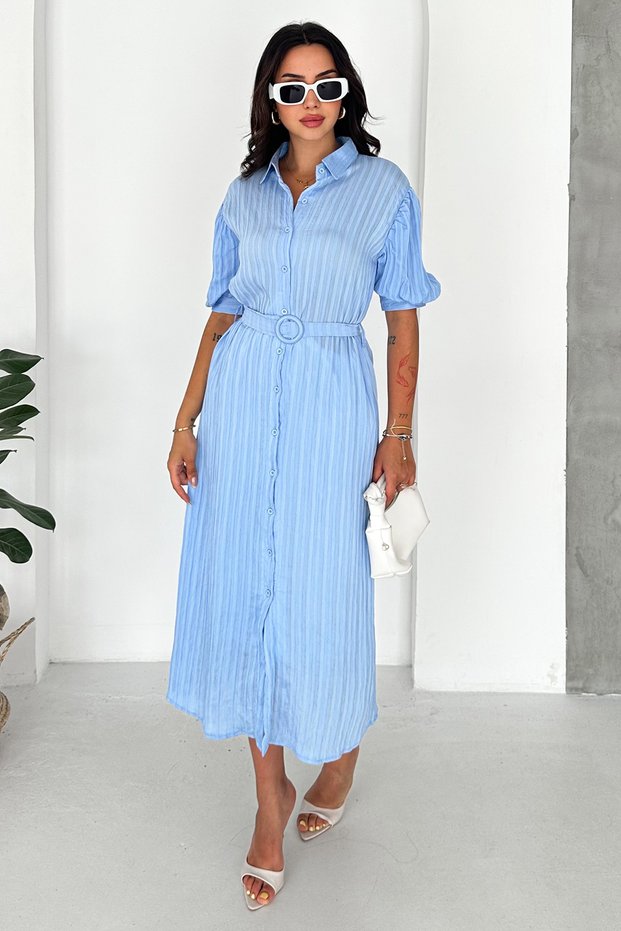 Women's Belt Detailed Striped Shirt Dress Midi Length Buttoned Dress