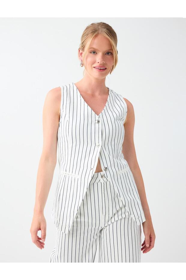 Navy Blue 100% Cotton Button Detailed Striped Vest
