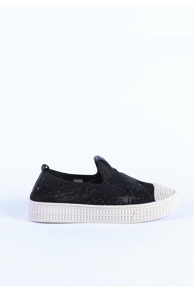 Women's Imported Sole Straw Knitted Mesh Detailed Stone Embroidered Sports Shoes & Sneakers Black