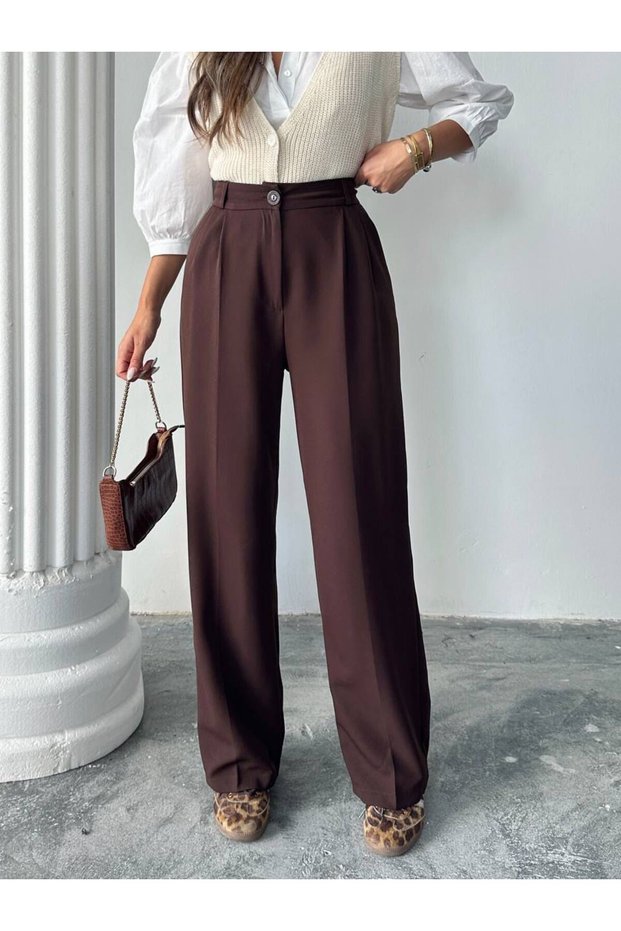 Women's High Waist Pleated Wide Leg Fabric Palazzo Brown Fabric Trousers Office Casual Stylish