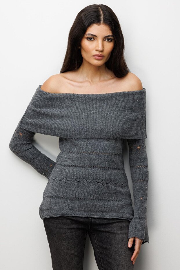 Mixray Off-The-Shoulder, Textured, Ribbed, Cut-Out Detailed Sweater