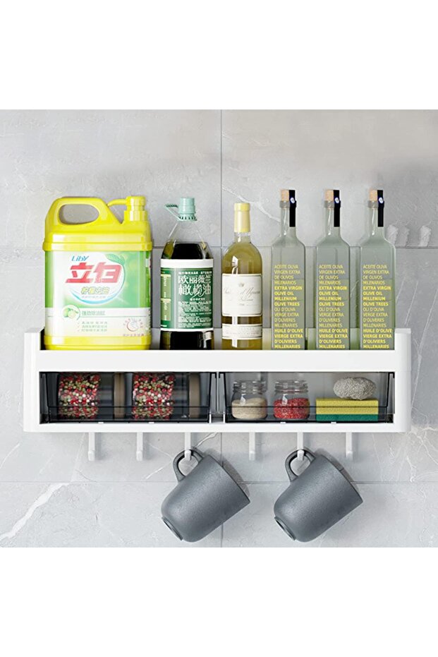 Spice Rack Wall Mount with6 Hooks, Handling Shelf Storage with 2 Drawers, Kitchen Shelf Rack, Bathroom Shower Rack