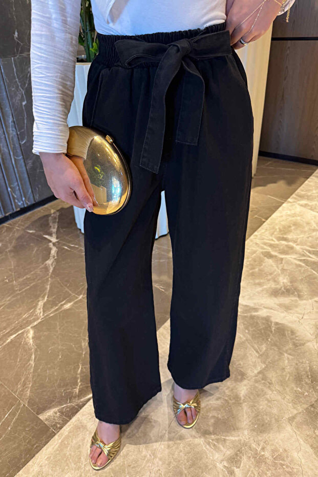 Black Belted Denim Palazzo Trousers