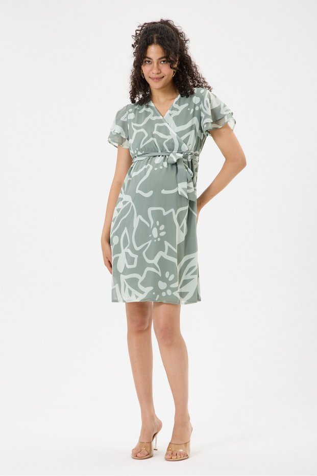 E0055-Double Breasted Collar Breastfeeding Detail Maternity Wear Mini Chiffon Dress