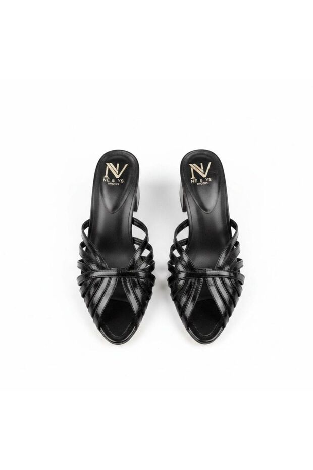 Black Leather Piping Women's Thick Heeled Slippers