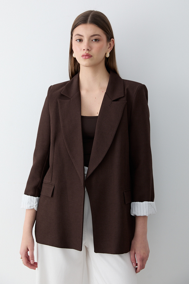 Women's Brown Striped Lined Blazer Jacket with Sleeve Detail