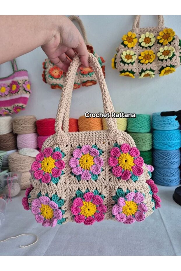 Floral Knitted Bag Large Size Handmade Summer Shoulder and Beach Bag