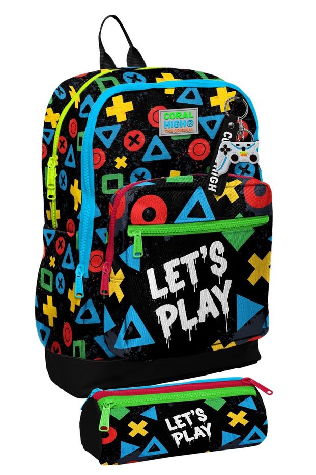 School Backpack and Pen Holder Set - Black Multicolor Lets Play Printed Boys' Setygn33214C