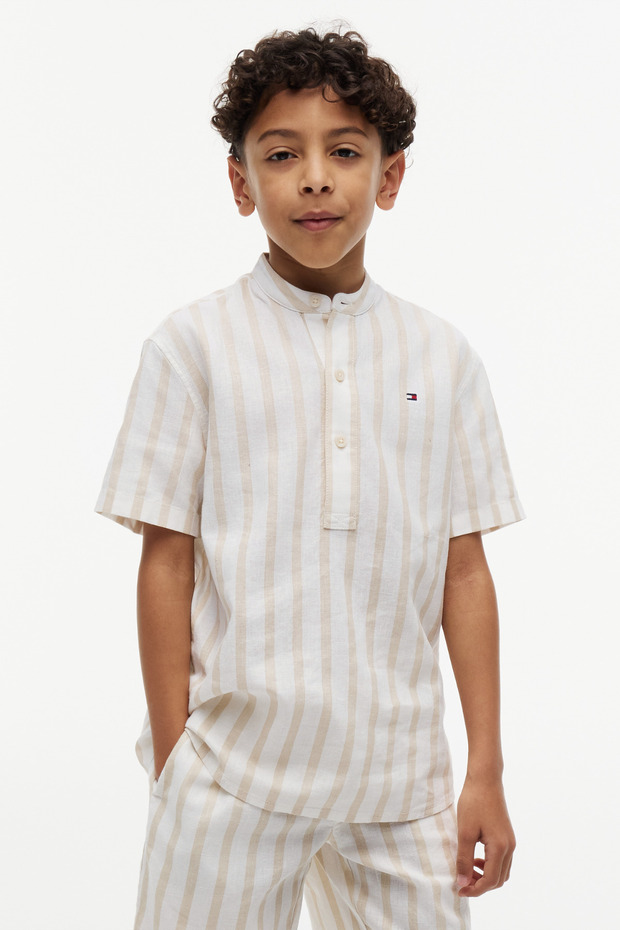 Boy's Linen Blend Striped Beige Shirt