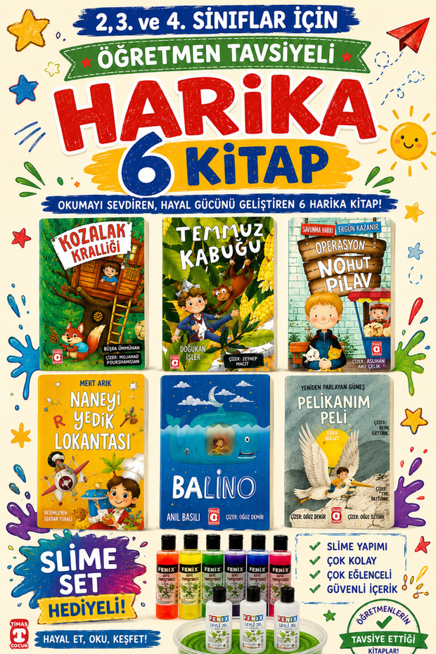 TİMAŞ 2,3. VE 4.SINIFLAR İÇİN ÖĞRETMEN TAVSİYELİ HARİKA 6 KİTAP -4 (SLİME SET HEDİYELİ)
