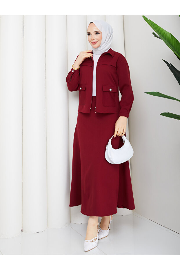 Women's Pocket Detailed Zippered Jacket and Skirt Islamic Clothing Two-Piece Set